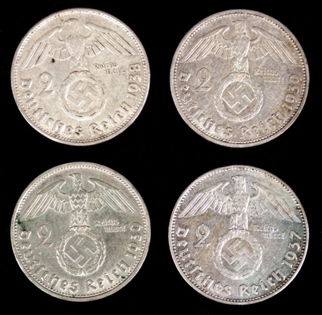 Four silver 2 Reichsmark coins (1937, 1938, 1939, 1939)