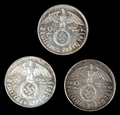 Three silver 2 Reichsmark coins (1937, 1938, 1939)