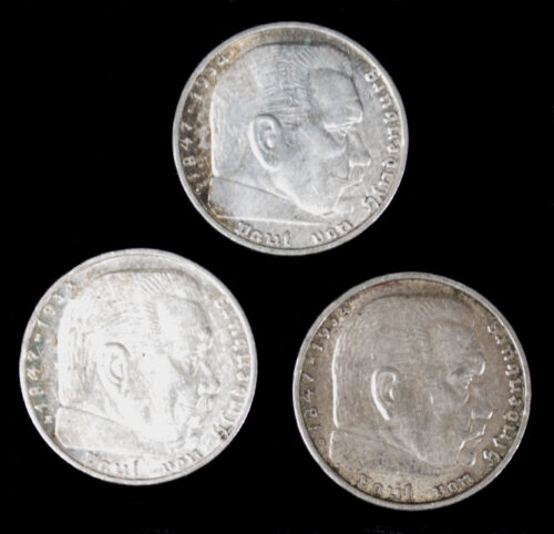 Three silver 2 Reichsmark coins (1937, 1938, 1939)