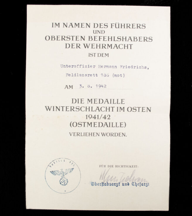 Winterschlacht im Osten Urkunde Ostmedaille Citation 1942