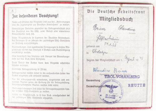 Deutsche Arbeitsfront (DAF) Mitgliedsbuch (variation)