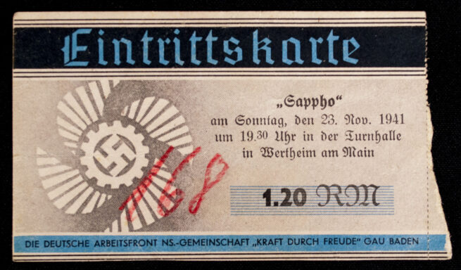 Die Deutsche Arbeitsfront N.S-Gemeinschaft Kraft durch Freude (KDF) Gau Baden (Wertheim) ticket (1941)