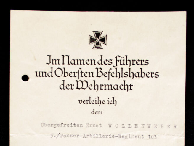 Eisernes Kreuz 1. + 2. Klasse + Urkunden group (5. Panzer-Artillerie-Regiment 103)