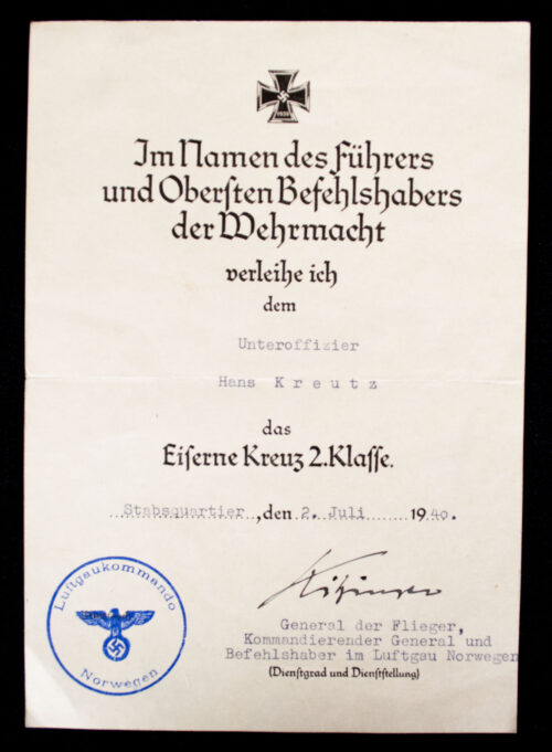 Eisernes Kreuz 2. Klasse + Urkunde Luftgau Norwegen(1940) (with general signature!)
