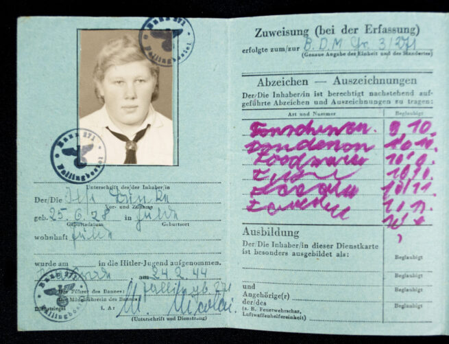 Hitlerjugend (HJ) Dienstkarte + Sparmarkenkarte + Photo from a BDM girl