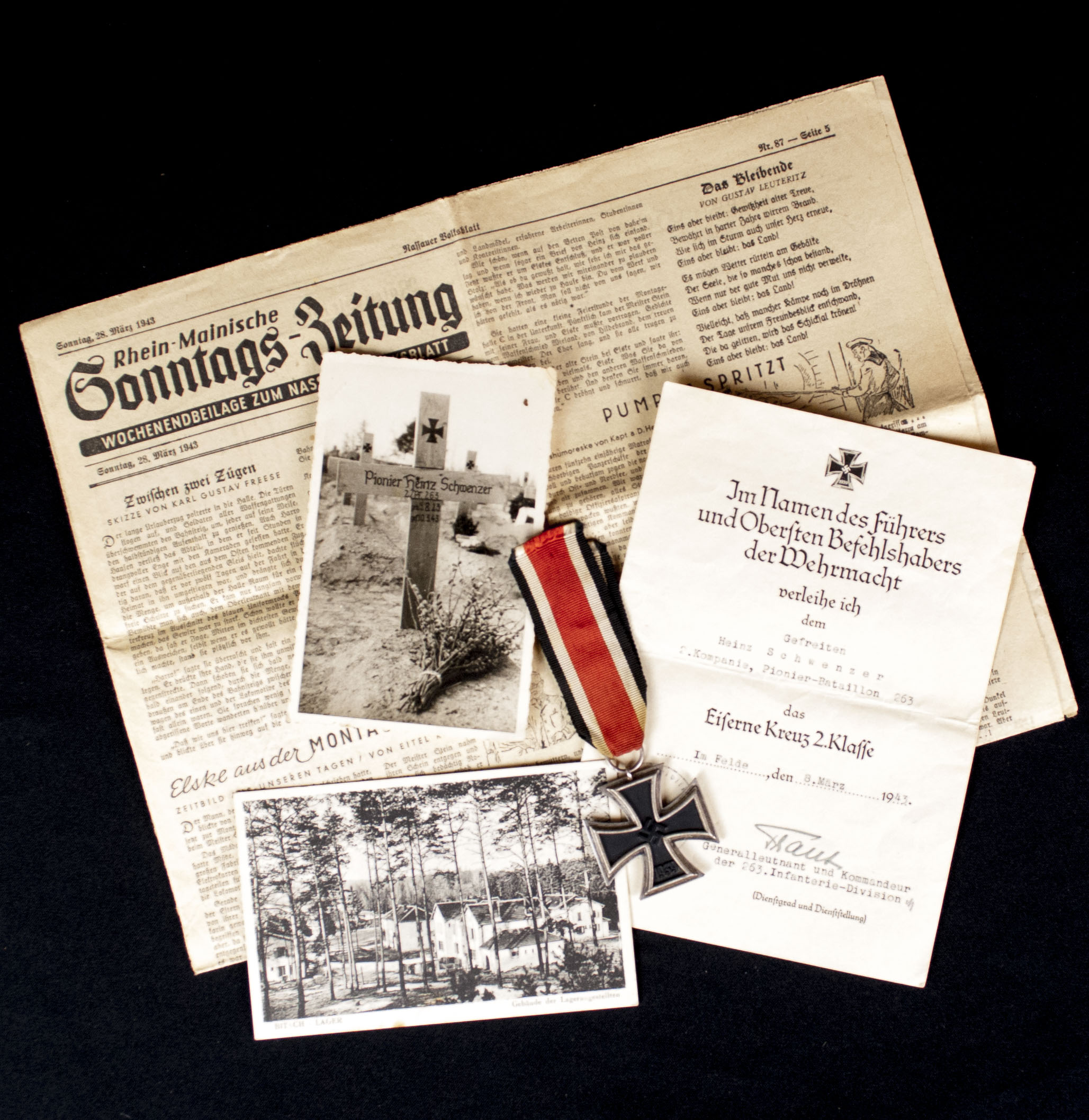 Iron Cross (Double maker marked 65) + Citation + Gravephoto + Newspaper with obituary
