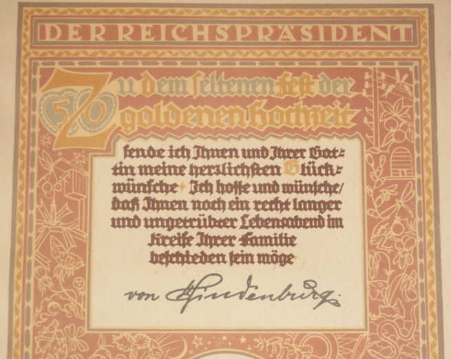 Large framed Goldene Hochzeit citation with Hindenburg signature (53x43 cm)