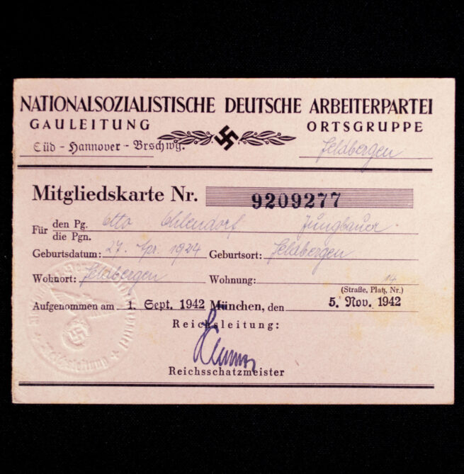 NSDAP Membershipcard Ortsgruppe Feldbergen (1942)