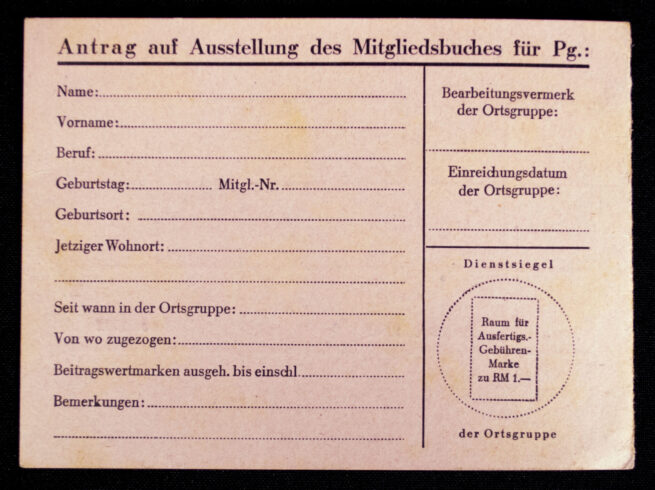 NSDAP Membershipcard Ortsgruppe Feldbergen (1942)