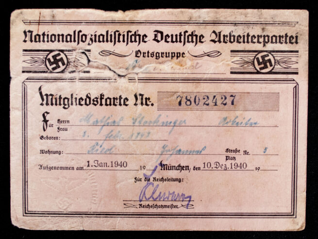 NSDAP Mitgliedskarte 1940 NSDAP membercard (1940)