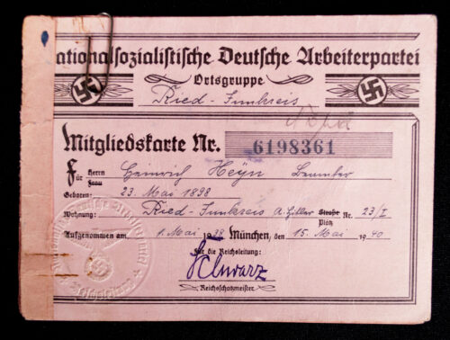 NSDAP Mitgliedskarte 1940 NSDAP membercard from Ried (1940)
