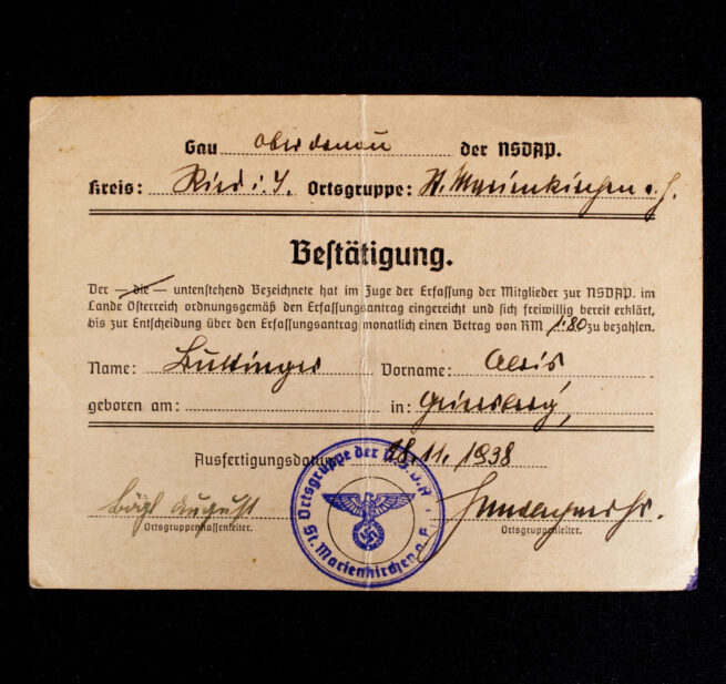 NSDAP Volunteer donations (member) card