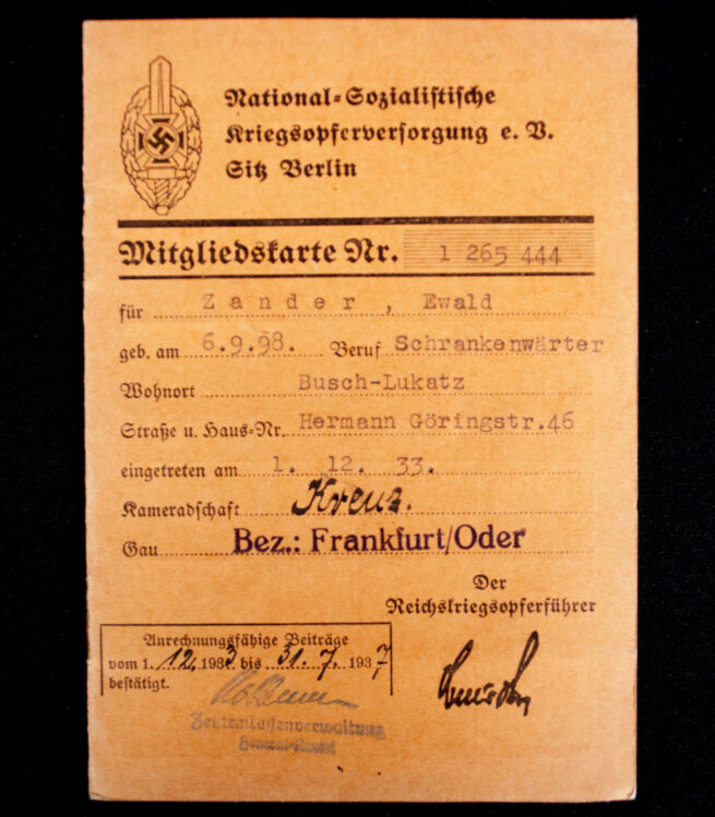 National Sozialistische Kriegsopfer Versorgung (NSKOV) Mitgliedskarte (1937)