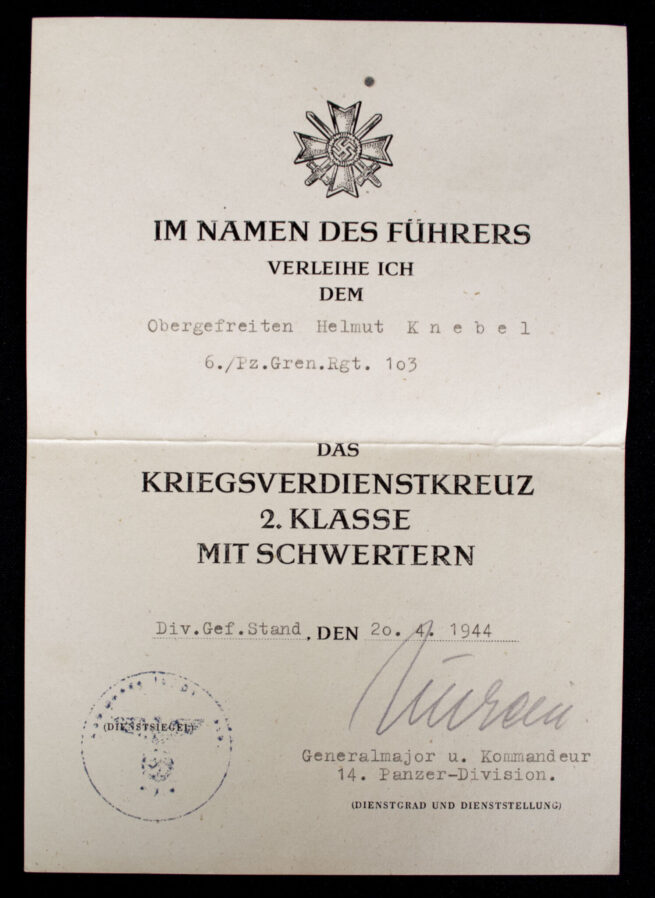Panzergrenadier group with PKA in bronze, EK2, Ostmedaille, KVK, VWA citations