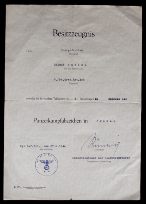 Panzergrenadier group with PKA in bronze, EK2, Ostmedaille, KVK, VWA citations
