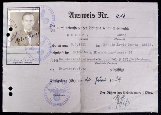 Reichsarbeitsdienst (RAD) Ausweis with passphoto