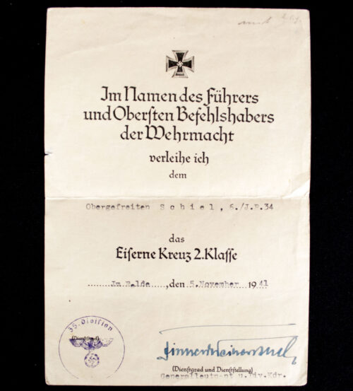 UrkundeCitation for the Eiserne Kreuz 2. Klasse (1941) (With RK-trager signature!)