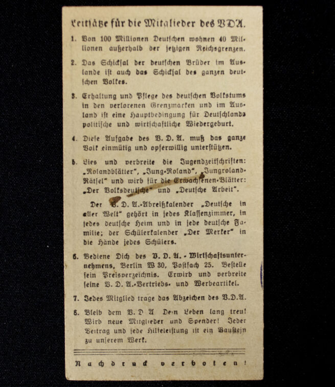 (VDA) Volksbund für das Deutschtum im Ausland - Schulgemeinschaft Mitgliedskarte (1937)