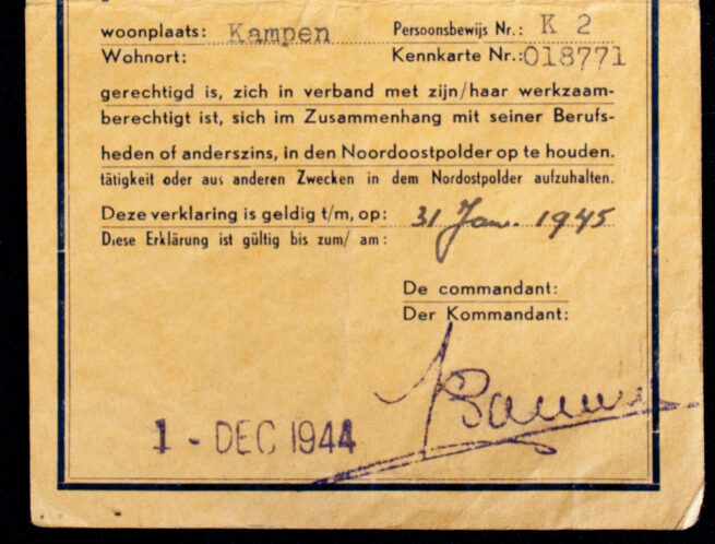 Verklaring - Ausweis: Oponthoud Noordoostpolder 1-12-1944 (Kampen)