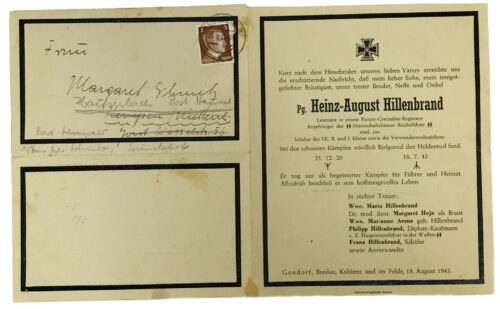 SS Deathcardletter from a Panzer-Grenadier-Regiment Leutnant (1943)
