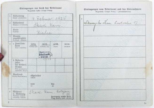 Generalgouvernement Arbeitsbuch Arbeitskarte Karta Pracy - Arbeitsamt Kielce (1941)