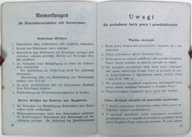 Generalgouvernement Arbeitsbuch Arbeitskarte Karta Pracy - Arbeitsamt Kielce (1941)