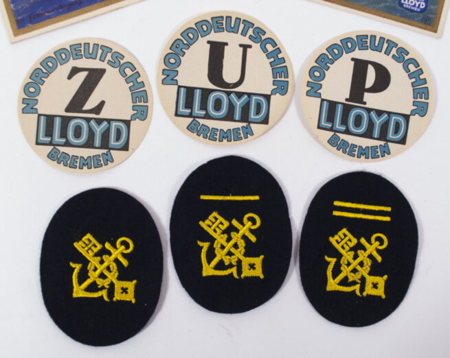 Norddeutscher Lloyd 3 arm badges, 2 Menucards and 2 paper labels (1934)