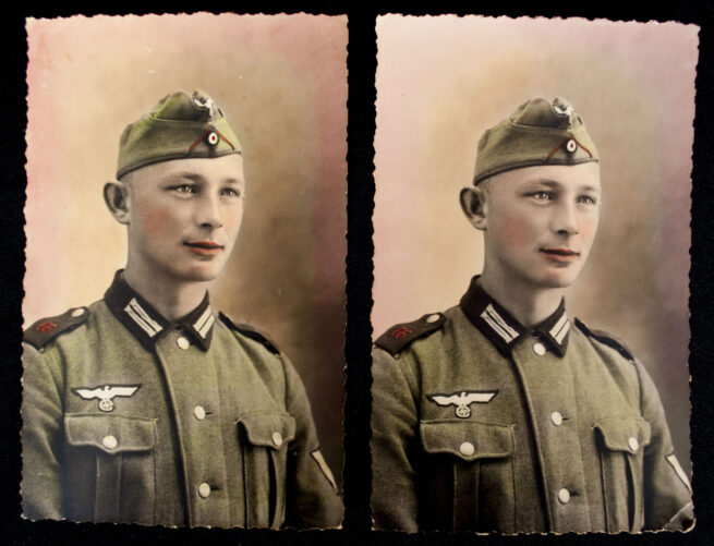 TWO colored postcard sized portraits of a solder from Artillerie Regiment 66