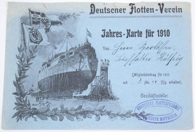 WWI - Deutscher Flotten Verein, Ortsgruppe Mittweida 10 Membercards from 1909 - 1918 (RARE!)