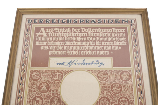 (Weimar period) Framed 50 Jahre Dienstzeit Schmuckurkunde