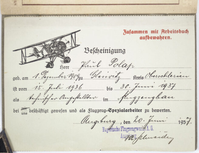 Arbeitsbuch 1e Type - Bayerische Flugzeugwerke + Special Flugzeug-Spezialarbeitercitation!