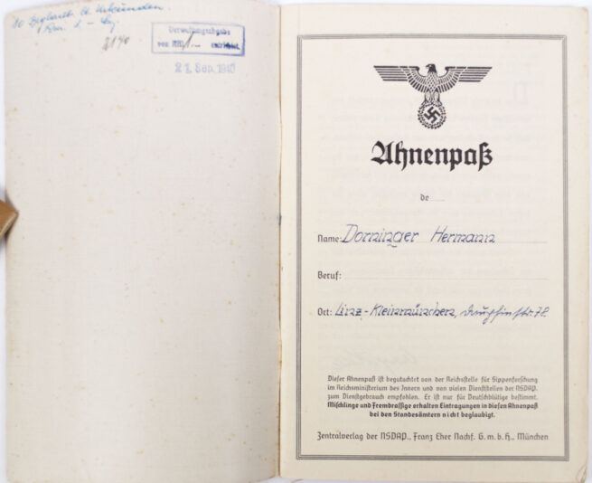 WWII German Ahnenpass (ancestry pass) + Taufschein