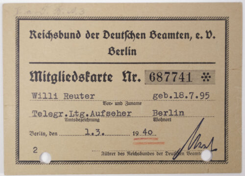 Arbeitsbuch 1e Type + Reichsbund der Deutschen Beamten Mitgliedskarte