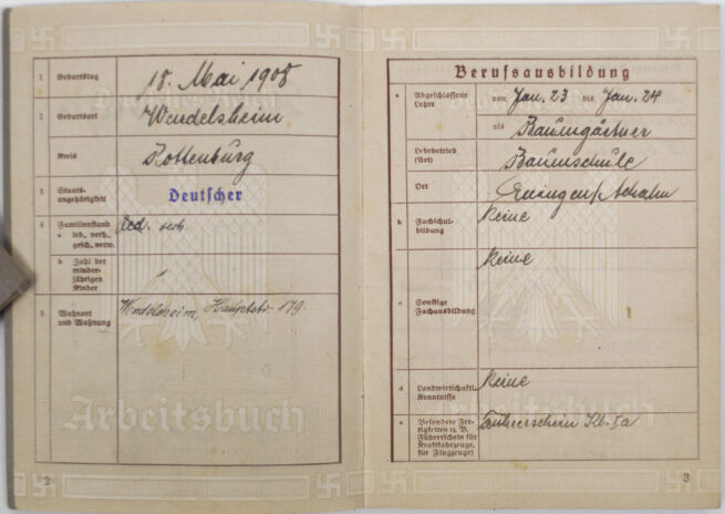 Arbeitsbuch First Type Arbeitsamt Rottenburg - Gebruder Junghans A.G