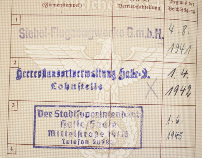 Arbeitsbuch second type Arbeitsamt Halle (with Siebel Flugzeugwerke Eintragung)