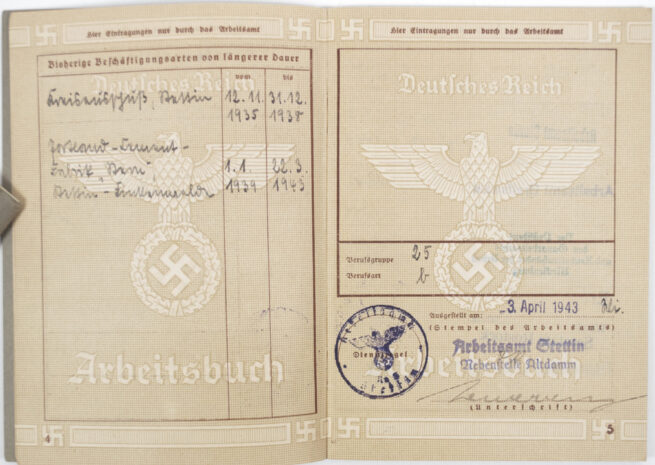 Arbeitsbuch second type Arbeitsamt Stettin (Reichstreuhändler)