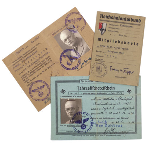 Passgroup with Reichskolonialbund pass, Jahresfischereischein, Ausweis