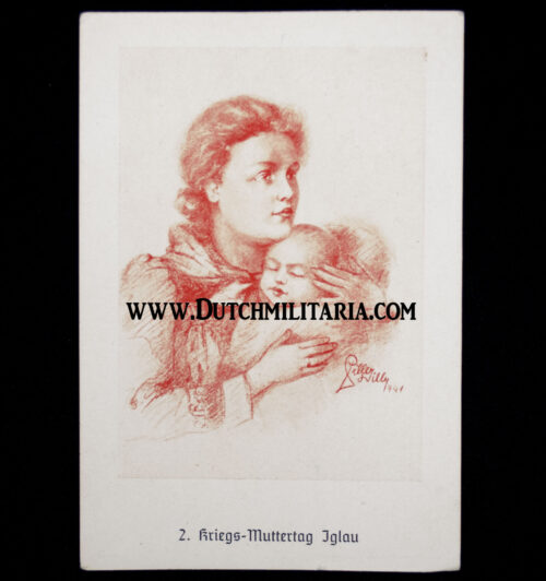 (Postcard) Mutterkreuz Motherscross stamp on 2. Kriegs-Muttertag Iglau card (RARE!)