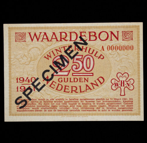 Winterhulp Nederland 1940-1941 (WHN) 2,5 GULDEN Waardebon (Specimen)