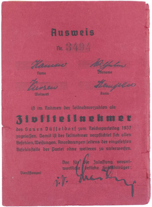 Reichsparteitag 1937 Ausweis Zivilteilnehmer Ticketbook with 17 tickets (rare!)