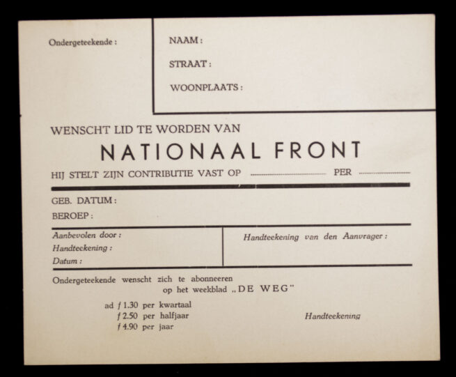 Zwart Front Nationaal Front Aanmeldingskaart (Arnold Meijer) (rare!)