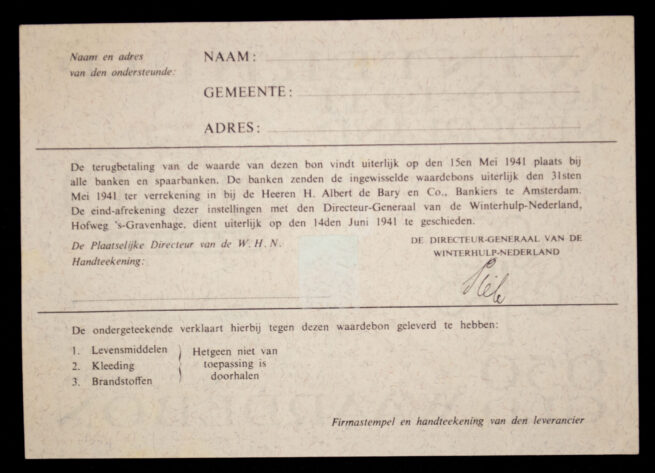 Winterhulp Nederland 1940-1941 (WHN) 0,50 GLD. Waardebon (Specimen)