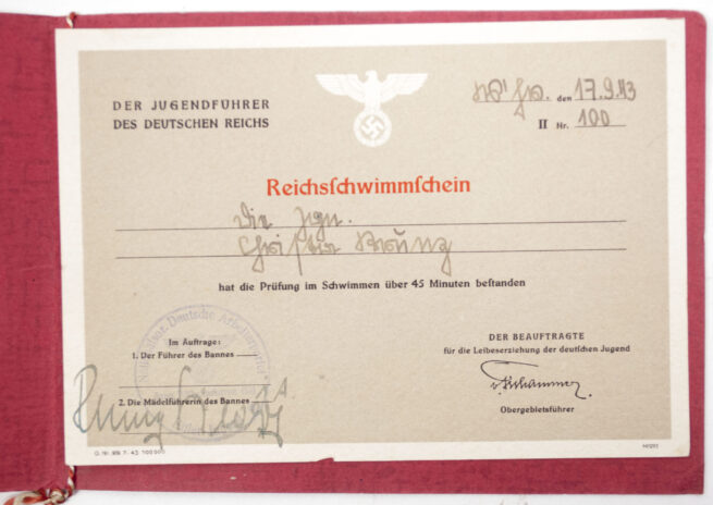 NSDAP Hitlerjugend (HJ) NSRL - Reichsschwimmschein (1943)
