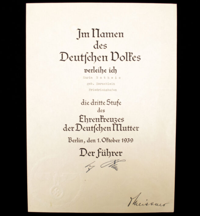 Mutterkreuz Ehrenkreuzes der Deutschen Mutter Urkunde Dritte Stufe Motherscross citation