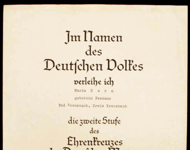 Mutterkreuz Ehrenkreuzes der Deutschen Mutter Urkunde Zweite Stufe Motherscross citation