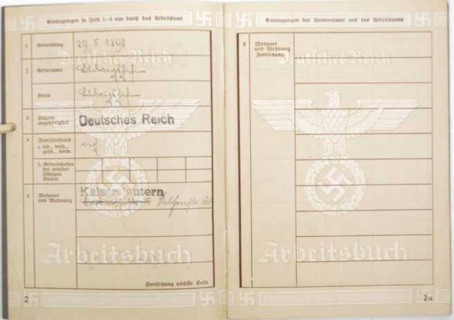 Arbeitsbuch second type from Arbeitsamt Kaiserslautern 1940