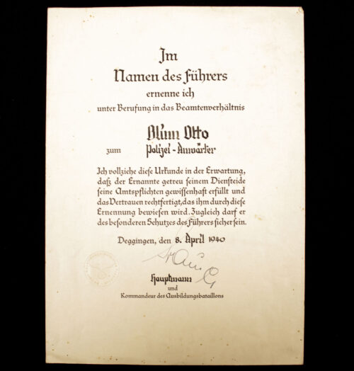 (Citation) Ernennungsurkunde Appointment citation Polizei-Anwärter (1940)