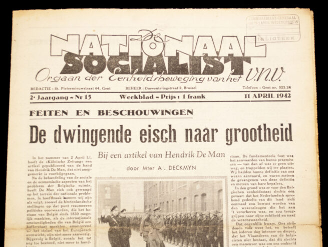 (Newspaper Belgium) De Nationaalsocialist Orgaan van het Vlaamsch Nationaal Verbond 2e Jrg. No.15 (1942)