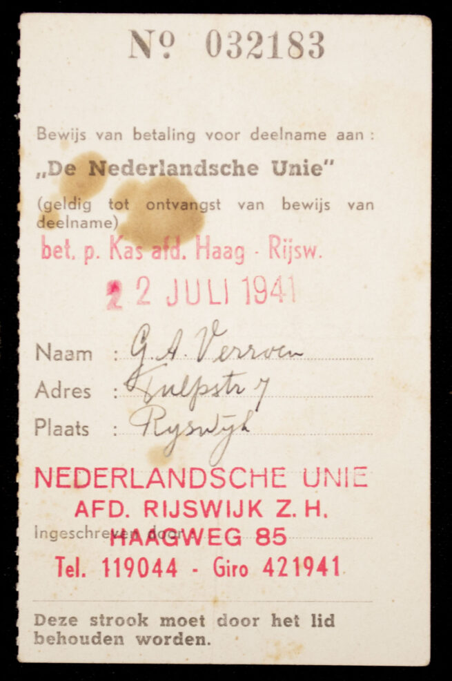 Nederlandsche Unie - Memberpass (1941-1942)