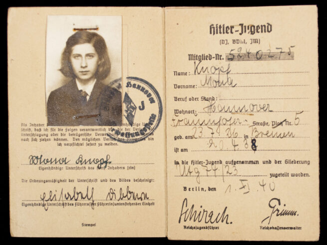 Hitlerjugend (HJ)Bund Deutscher Mädel (BDM) Mitgliedsausweis (1938)
